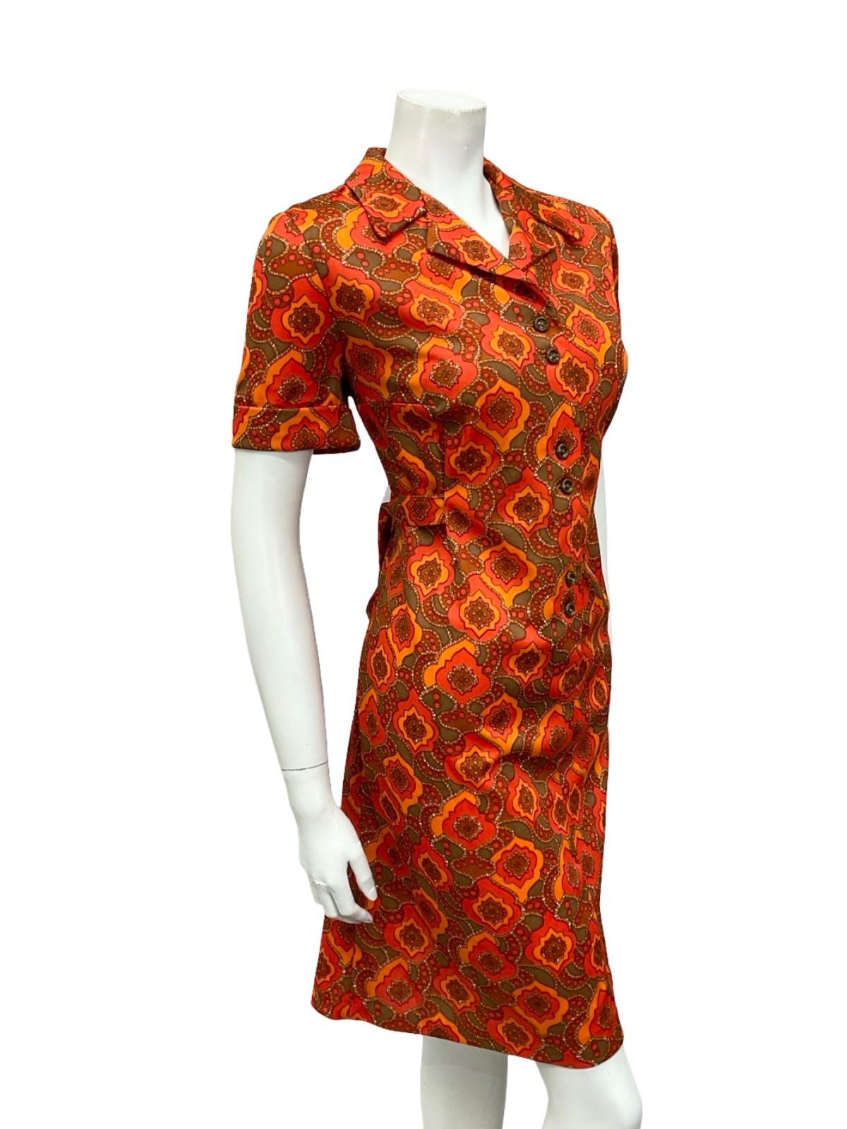 VTG 60S ORANGE BROWN PSYCHEDELIC GEOMETRIC MOD DAGGER NOTCH LAPEL SHIFT DRESS 16