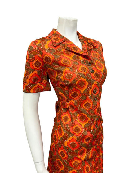 VTG 60S ORANGE BROWN PSYCHEDELIC GEOMETRIC MOD DAGGER NOTCH LAPEL SHIFT DRESS 16