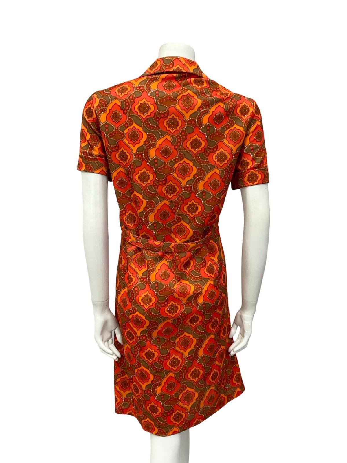 VTG 60S ORANGE BROWN PSYCHEDELIC GEOMETRIC MOD DAGGER NOTCH LAPEL SHIFT DRESS 16