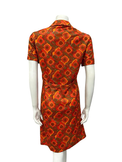 VTG 60S ORANGE BROWN PSYCHEDELIC GEOMETRIC MOD DAGGER NOTCH LAPEL SHIFT DRESS 16