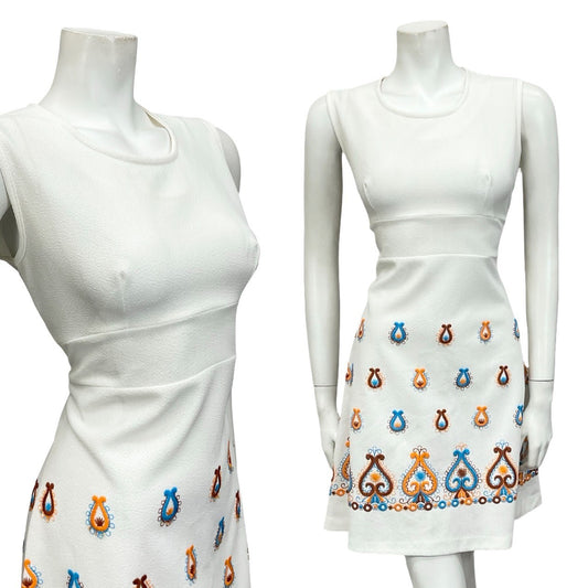 VTG 60S MOD GOGO FOLK WHITE ORANGE BROWN BLUE EMBROIDERED MINI DRESS 10