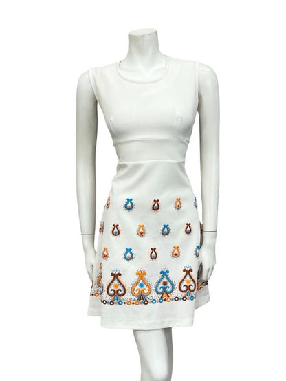 VTG 60S MOD GOGO FOLK WHITE ORANGE BROWN BLUE EMBROIDERED MINI DRESS 10