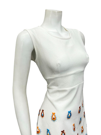 VTG 60S MOD GOGO FOLK WHITE ORANGE BROWN BLUE EMBROIDERED MINI DRESS 10