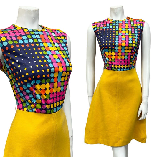 VTG 60S 70S YELLOW BLUE PINK GREEN DOTTY A LINE GEOMETRIC MIDI DRESS 10