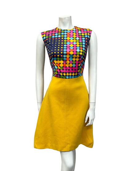 VTG 60S 70S YELLOW BLUE PINK GREEN DOTTY A LINE GEOMETRIC MIDI DRESS 10