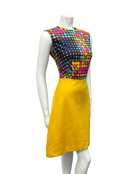 VTG 60S 70S YELLOW BLUE PINK GREEN DOTTY A LINE GEOMETRIC MIDI DRESS 10