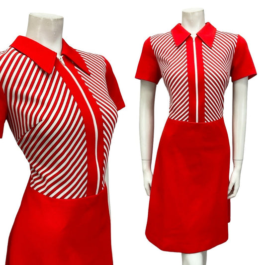 VTG 60S MOD GEOMETRIC RED WHITE STRIPED DAGGER ZIP UP A LINE SHIRT DRESS 10