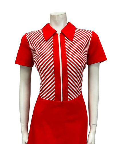 VTG 60S MOD GEOMETRIC RED WHITE STRIPED DAGGER ZIP UP A LINE SHIRT DRESS 10