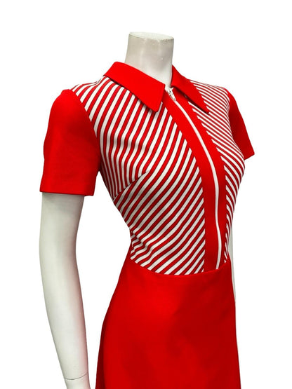 VTG 60S MOD GEOMETRIC RED WHITE STRIPED DAGGER ZIP UP A LINE SHIRT DRESS 10