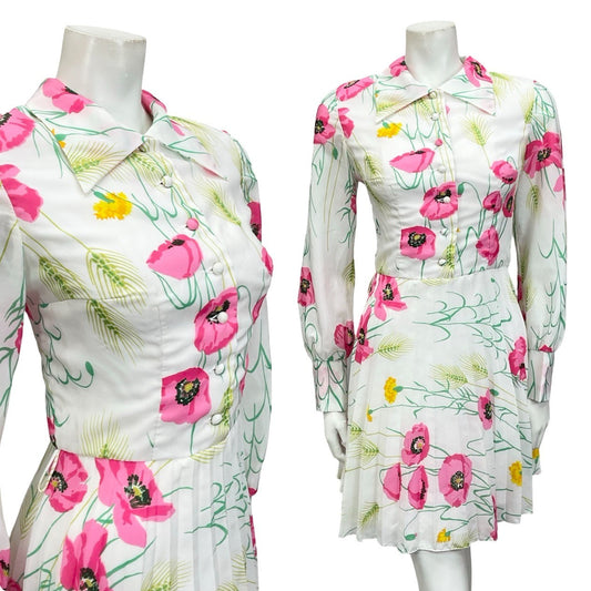 VTG 70S BETTY BARCLAY WHITE PINK YELLOW FLORAL POPPY WHEAT PLEATED SHIRT DRESS 8
