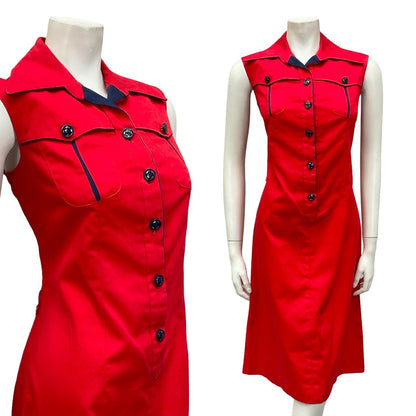 VTG 70S MOD RED NAVY BLUE WING COLLAR COTTON SLEEVELESS SHIRT SHIFT DRESS 12