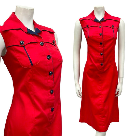 VTG 70S MOD RED NAVY BLUE WING COLLAR COTTON SLEEVELESS SHIRT SHIFT DRESS 12