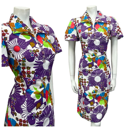 VTG 60S 70S WHITE PURPLE RED BLUE GREEN MOD FLORAL DAISY SHIFT DRESS 10