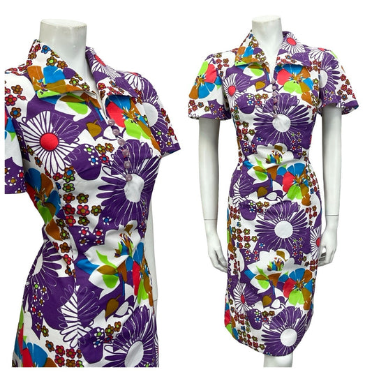 VTG 60S 70S WHITE PURPLE RED BLUE GREEN MOD FLORAL DAISY SHIFT DRESS 10