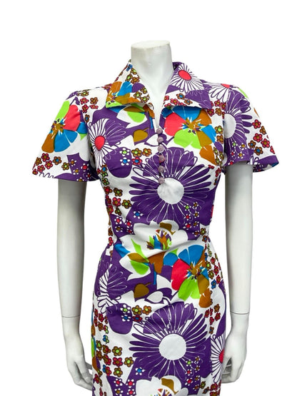 VTG 60S 70S WHITE PURPLE RED BLUE GREEN MOD FLORAL DAISY SHIFT DRESS 10