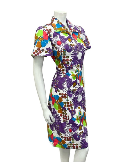VTG 60S 70S WHITE PURPLE RED BLUE GREEN MOD FLORAL DAISY SHIFT DRESS 10