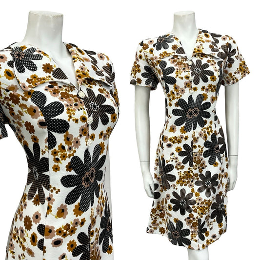 VTG 60S WHITE BROWN BLACK FLORAL DAISY ROUNDED COLLAR SHIFT SHIRT DRESS 14