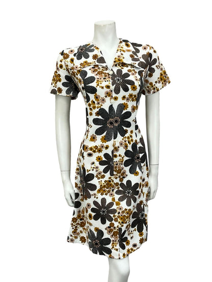 VTG 60S WHITE BROWN BLACK FLORAL DAISY ROUNDED COLLAR SHIFT SHIRT DRESS 14