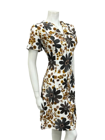VTG 60S WHITE BROWN BLACK FLORAL DAISY ROUNDED COLLAR SHIFT SHIRT DRESS 14