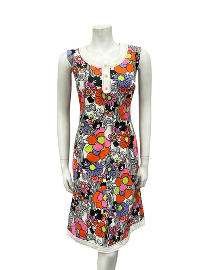 VTG 60S WHITE BLACK RED PINK PURPLE FLORAL MOD GOGO MIDI DRESS 12