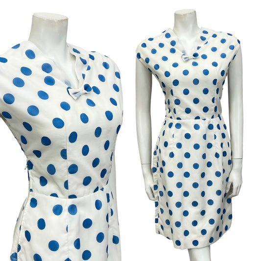 VTG EARLY 60S WHITE BLUE POLKA DOT SAILOR COLLAR BOW GEOMETRIC PENCIL DRESS 10