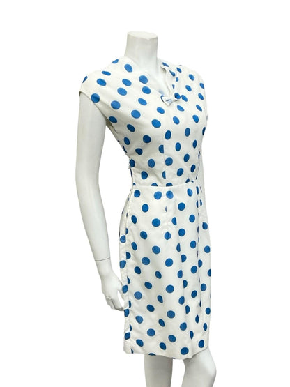 VTG EARLY 60S WHITE BLUE POLKA DOT SAILOR COLLAR BOW GEOMETRIC PENCIL DRESS 10