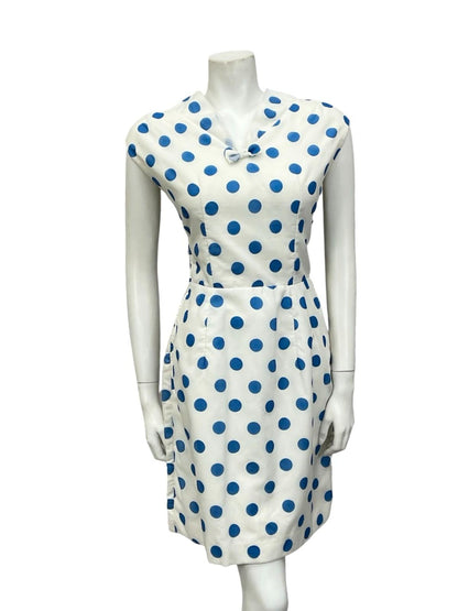 VTG EARLY 60S WHITE BLUE POLKA DOT SAILOR COLLAR BOW GEOMETRIC PENCIL DRESS 10