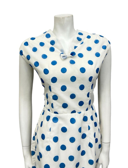 VTG EARLY 60S WHITE BLUE POLKA DOT SAILOR COLLAR BOW GEOMETRIC PENCIL DRESS 10