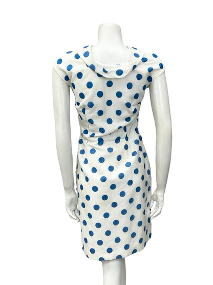 VTG EARLY 60S WHITE BLUE POLKA DOT SAILOR COLLAR BOW GEOMETRIC PENCIL DRESS 10