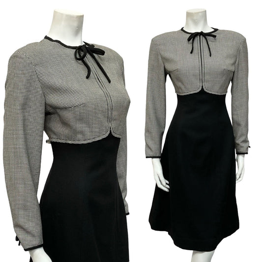 VTG 60S 70S BLACK WHITE WOOL HOUNDSTOOTH EMPIRE BOW MOD MIDI DRESS 10 12