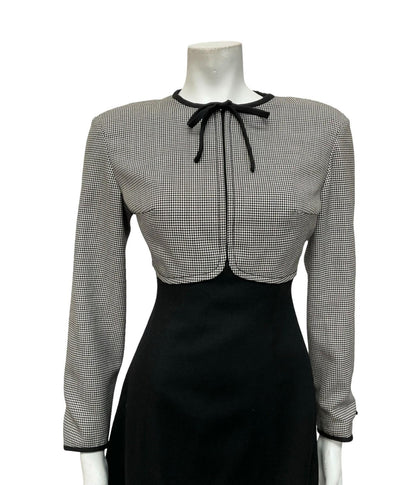 VTG 60S 70S BLACK WHITE WOOL HOUNDSTOOTH EMPIRE BOW MOD MIDI DRESS 10 12