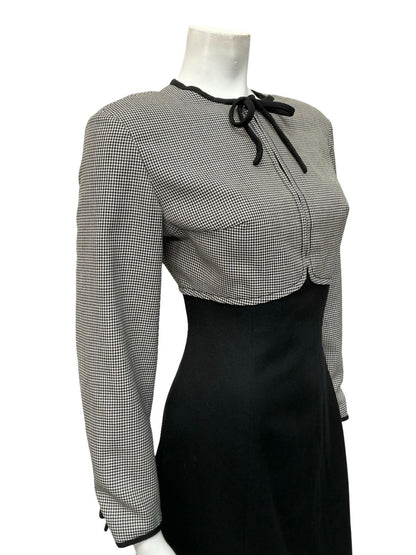 VTG 60S 70S BLACK WHITE WOOL HOUNDSTOOTH EMPIRE BOW MOD MIDI DRESS 10 12
