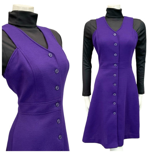 VTG 70S BETTY BARCLAY MOD PURPLE V NECK PINAFORE KNIT MIDI DRESS 8