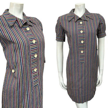 VTG 60S GREY BLUE PINK YELLOW STRIPED MOD PUFF SLEEVE SHIFT DRESS 10