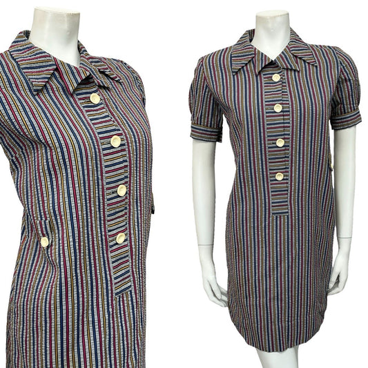 VTG 60S GREY BLUE PINK YELLOW STRIPED MOD PUFF SLEEVE SHIFT DRESS 10