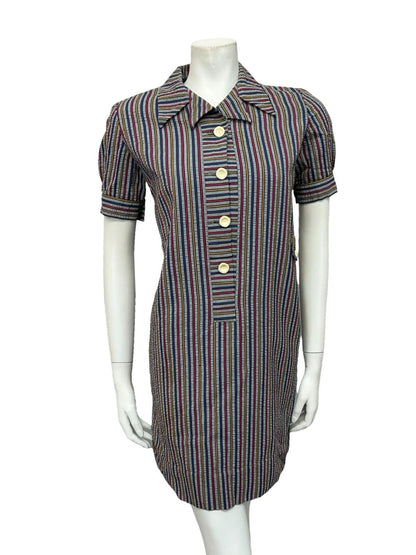 VTG 60S GREY BLUE PINK YELLOW STRIPED MOD PUFF SLEEVE SHIFT DRESS 10