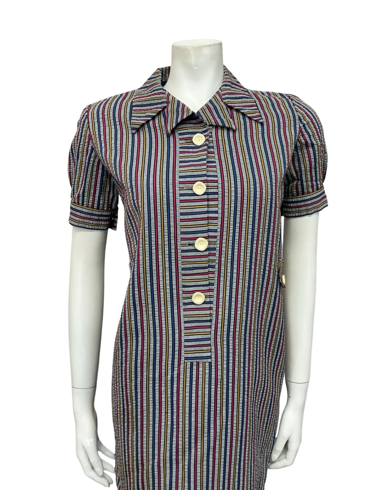 VTG 60S GREY BLUE PINK YELLOW STRIPED MOD PUFF SLEEVE SHIFT DRESS 10