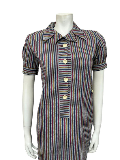 VTG 60S GREY BLUE PINK YELLOW STRIPED MOD PUFF SLEEVE SHIFT DRESS 10