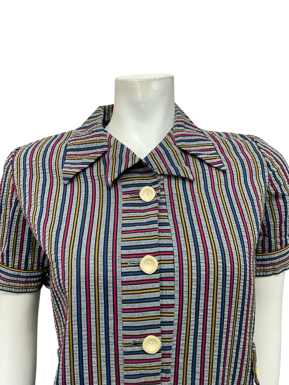 VTG 60S GREY BLUE PINK YELLOW STRIPED MOD PUFF SLEEVE SHIFT DRESS 10