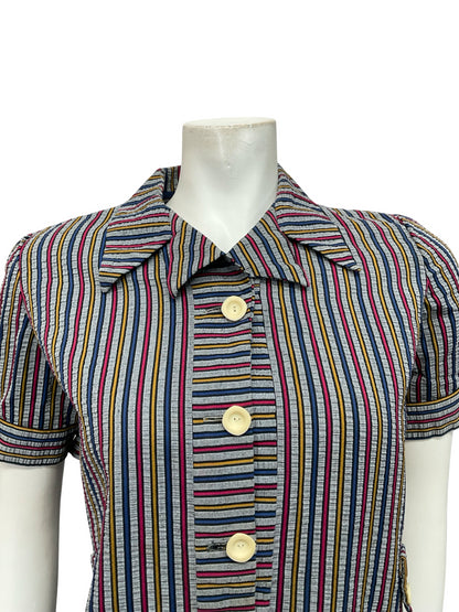 VTG 60S GREY BLUE PINK YELLOW STRIPED MOD PUFF SLEEVE SHIFT DRESS 10