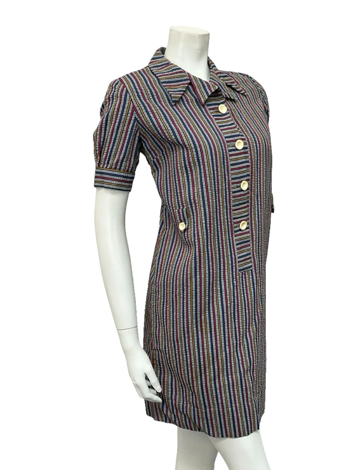 VTG 60S GREY BLUE PINK YELLOW STRIPED MOD PUFF SLEEVE SHIFT DRESS 10