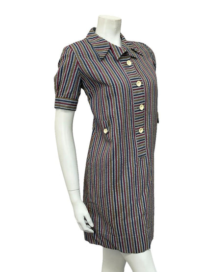 VTG 60S GREY BLUE PINK YELLOW STRIPED MOD PUFF SLEEVE SHIFT DRESS 10