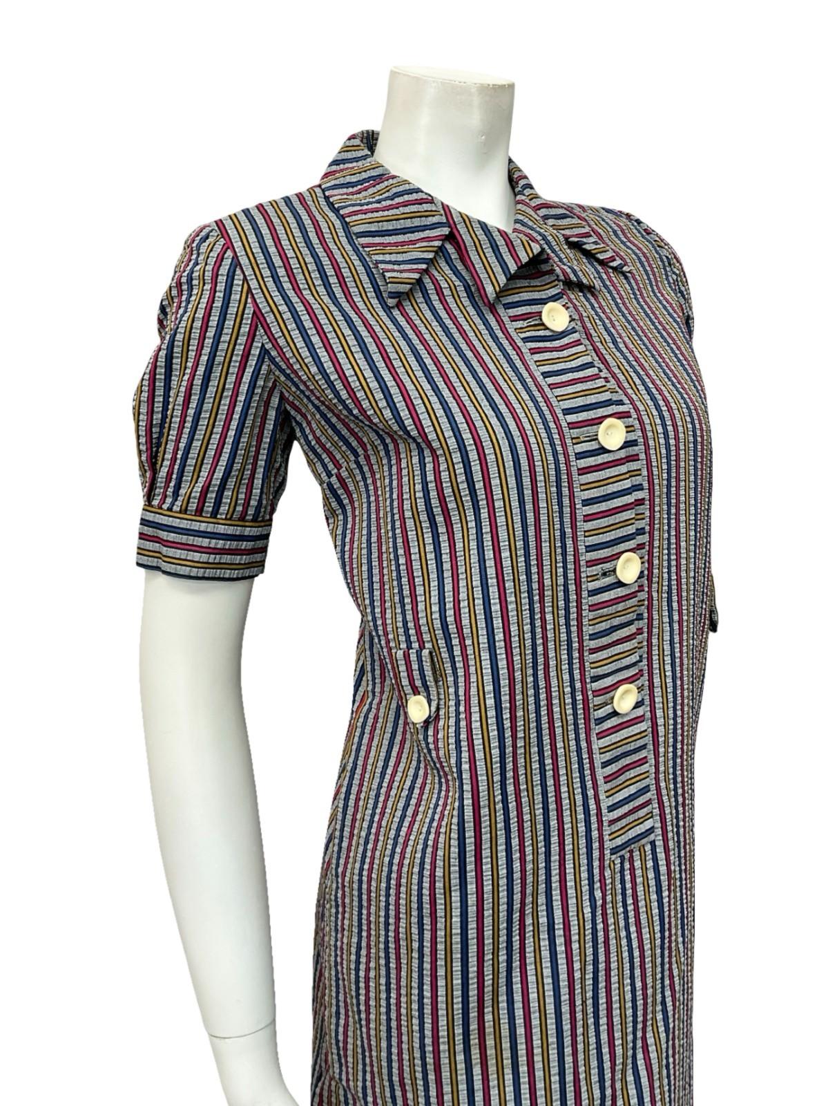 VTG 60S GREY BLUE PINK YELLOW STRIPED MOD PUFF SLEEVE SHIFT DRESS 10