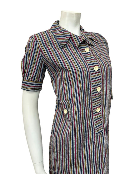 VTG 60S GREY BLUE PINK YELLOW STRIPED MOD PUFF SLEEVE SHIFT DRESS 10