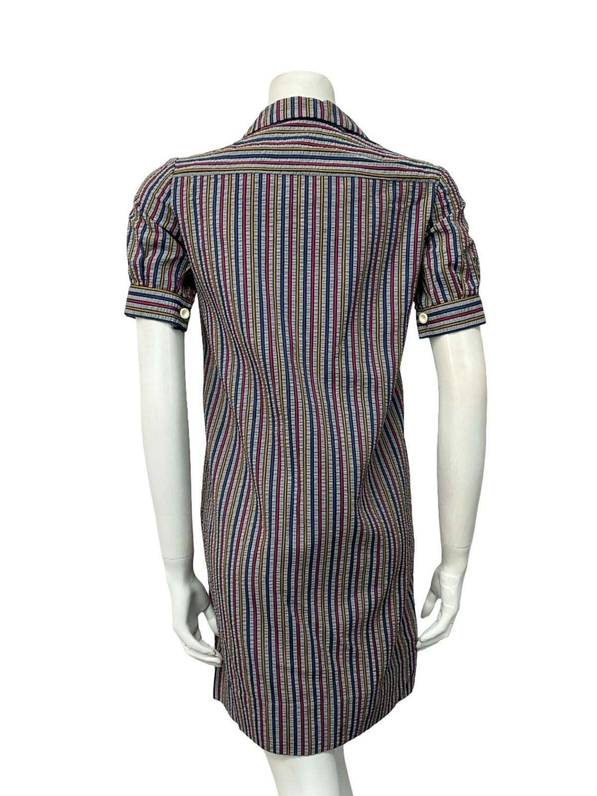 VTG 60S GREY BLUE PINK YELLOW STRIPED MOD PUFF SLEEVE SHIFT DRESS 10