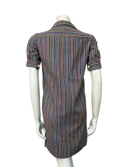 VTG 60S GREY BLUE PINK YELLOW STRIPED MOD PUFF SLEEVE SHIFT DRESS 10