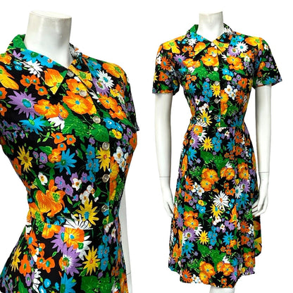 VTG 60S FLORAL BLACK YELLOW ORANGE BLUE PLEATED DAGGER SHIRT DRESS 14