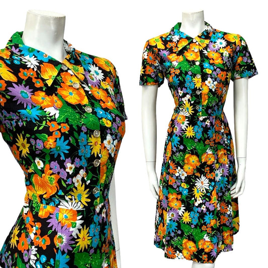 VTG 60S FLORAL BLACK YELLOW ORANGE BLUE PLEATED DAGGER SHIRT DRESS 14