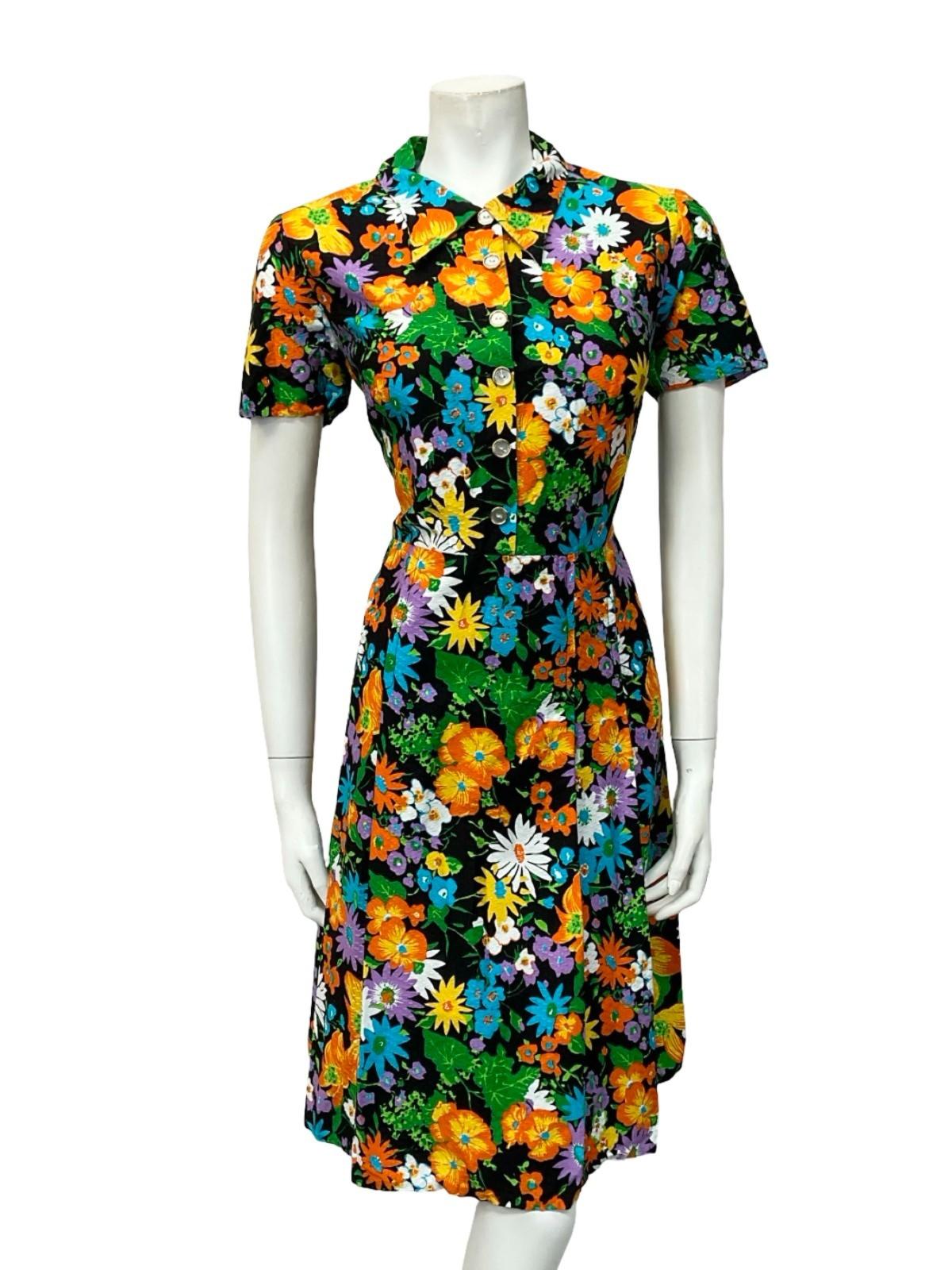 VTG 60S FLORAL BLACK YELLOW ORANGE BLUE PLEATED DAGGER SHIRT DRESS 14