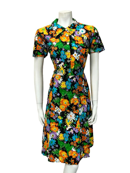 VTG 60S FLORAL BLACK YELLOW ORANGE BLUE PLEATED DAGGER SHIRT DRESS 14